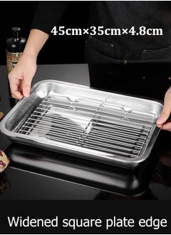 Cady One Stainless Steel Baking Sheet And Drain Tray, Barbecue Grilling Tray With Cooling Rack, Oil Drain And Vegetable Preparation Tray, Roasting Tin Pan with Grill Rack Set,Oven Tray Set of 2 Pieces for Bread and Pizza Non-stick Baking Pan, Non-toxic, Durable and Easy to Clean Baking Tray Oven Deep Rectangular Aluminum Baking Tray Silver 45cm×35cm×4.8cm  - Image 2