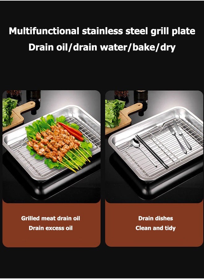 Joybos - Roasting Tin Pan with Grill Rack,Oven Tray Set of 2 Pieces for Bread and Pizza High Thickness Stainless Steel Baking Tray Cookie Baking Tray with Cooling Rack, Stainless Steel Baking Sheet And Drain Tray, Non-stick Baking Pan, Non-toxic, Durable and Easy to Clean Baking Tray Oven Deep Rectangular Aluminum Baking Tray Silver 45cm×35cm×4.8cm - Image 1
