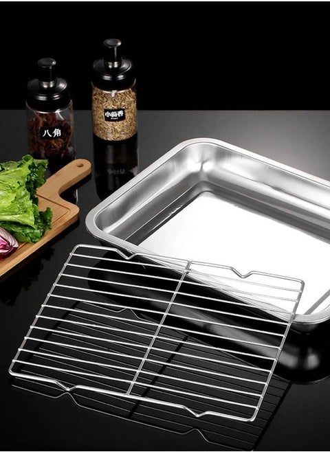Roasting Tin Pan with Grill Rack,Oven Tray Set of 2 Pieces for Bread and Pizza High Thickness Stainless Steel Baking Tray Cookie Baking Tray with Cooling Rack, Stainless Steel Baking Sheet And Drain Tray, Non-stick Baking Pan, Non-toxic, Durable and Easy to Clean Baking Tray Oven Deep Rectangular Aluminum Baking Tray Silver 45cm×35cm×4.8cm