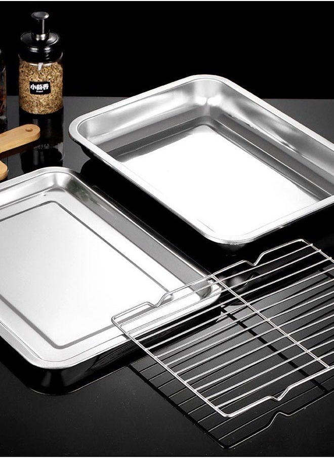 Joybos - Roasting Tin Pan with Grill Rack,Oven Tray Set of 2 Pieces for Bread and Pizza High Thickness Stainless Steel Baking Tray Cookie Baking Tray with Cooling Rack, Stainless Steel Baking Sheet And Drain Tray, Non-stick Baking Pan, Non-toxic, Durable and Easy to Clean Baking Tray Oven Deep Rectangular Aluminum Baking Tray Silver 45cm×35cm×4.8cm - Image 1