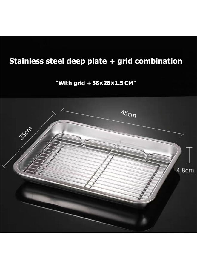 JOYBOS صينية تحميص مع رف شواء، مجموعة صينية فرن من قطعتين للخبز والبيتزا، صينية خبز من الفولاذ المقاوم للصدأ عالية السُمك، صينية خبز البسكويت مع رف تبريد، صينية خبز من الفولاذ المقاوم للصدأ وصينية تصريف، صينية خبز غير لاصقة، غير سامة ومتينة وسهلة التنظيف، صينية خبز مستطيلة عميقة من الفولاذ المقاوم للصدأ باللون الفضي - Image 2