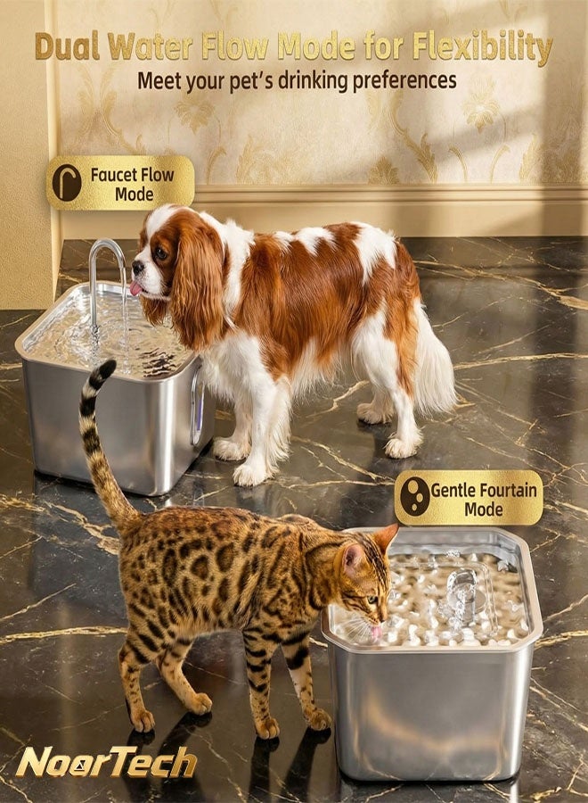 NoorTech 4L Stainless Steel Cat Water Fountain Automatic Pet Water Dispenser with LED Light 6 Layer Silver Ion Filter & Water Level Window - Image 2