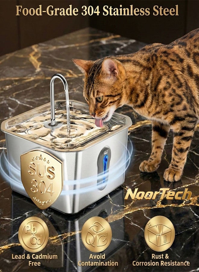 NoorTech 4L Stainless Steel Cat Water Fountain Automatic Pet Water Dispenser with LED Light 6 Layer Silver Ion Filter & Water Level Window - Image 3