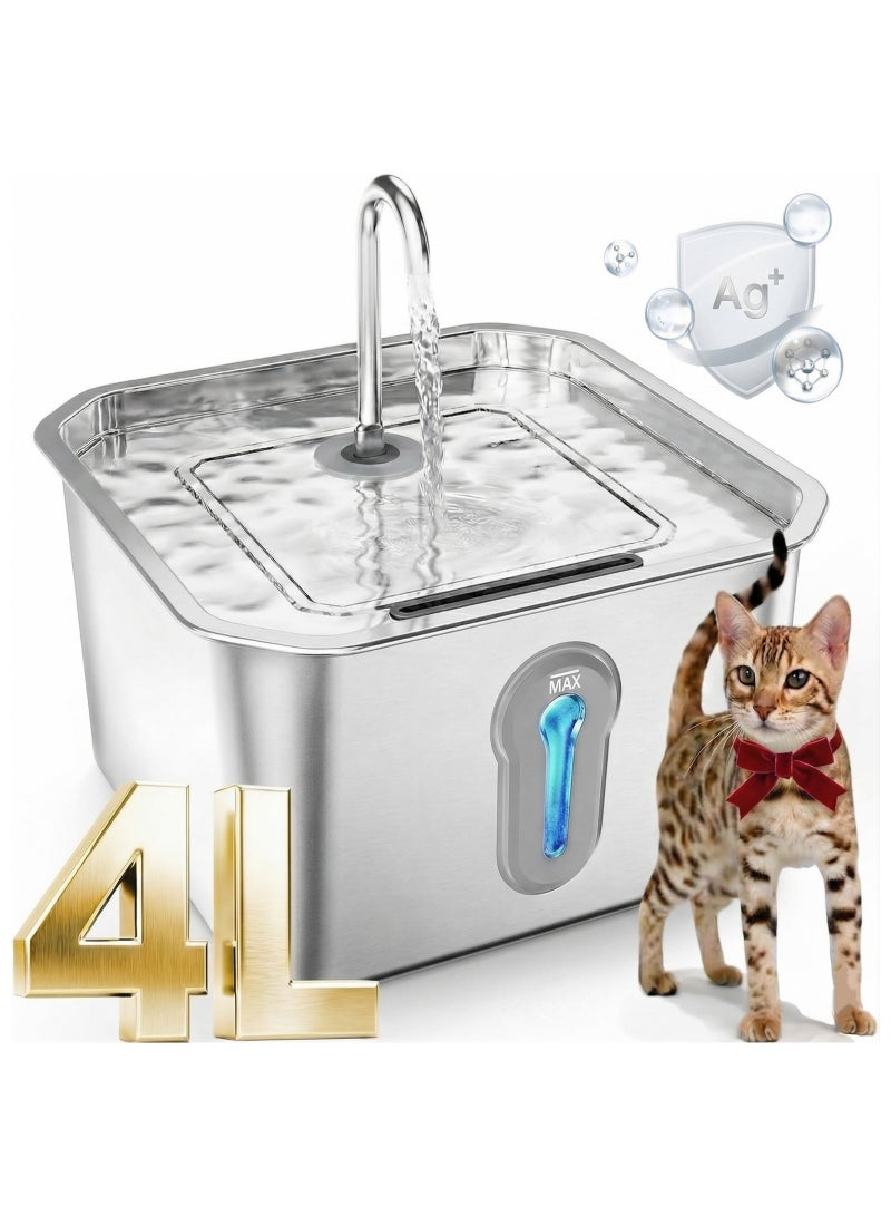 NoorTech 4L Stainless Steel Cat Water Fountain Automatic Pet Water Dispenser with LED Light 6 Layer Silver Ion Filter & Water Level Window - Image 1