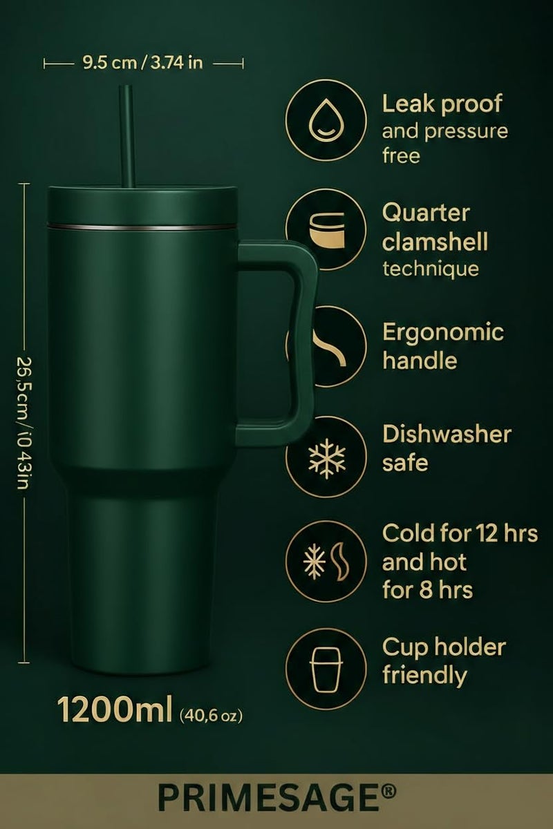 PRIMESAGE® Tumbler with Straw Sipper Water Bottle for Adults Sipper Tumbler Bottle Insulated | 1200ml Green - Image 2