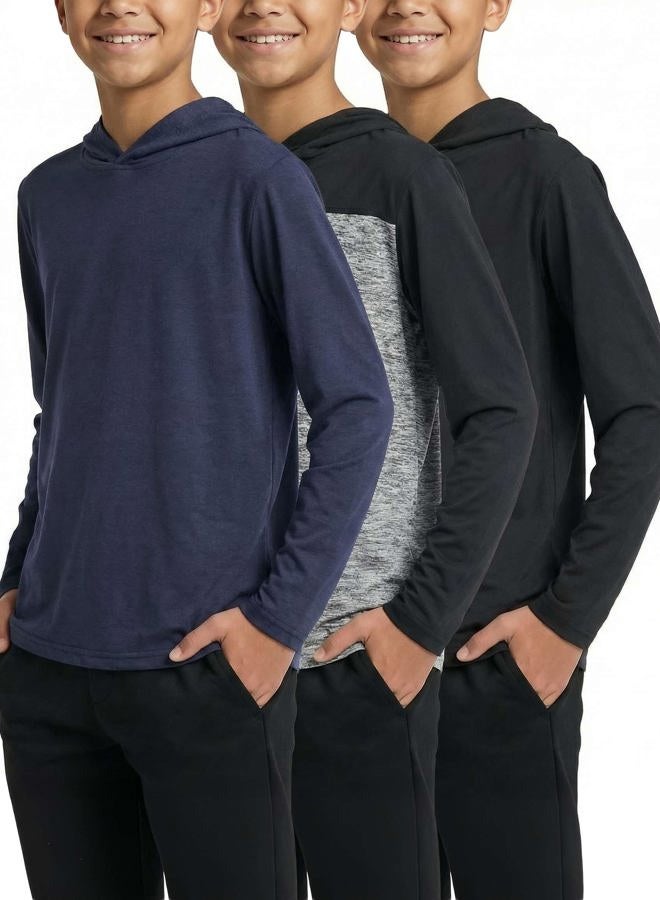 REALESSENTIALS 3 Pack: Boys Girls Youth Teen Quick Dry Dri Fit Dry Fit Long Sleeve Active Athletic Hoodie Tops Gym Sweatshirt Basketball Clothes Moisture Wicking Performance -Set 1,XL - Image 1