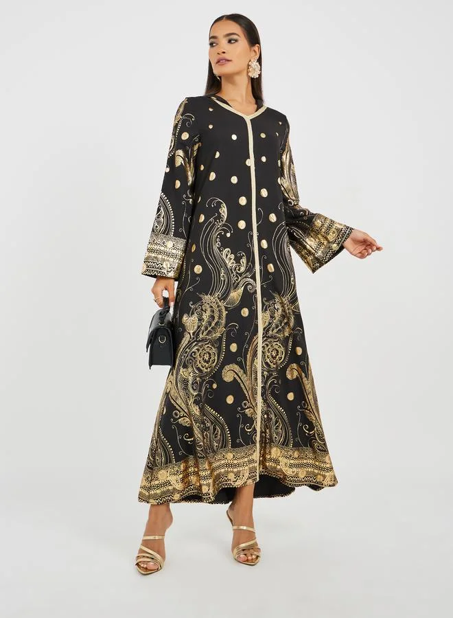 Take Two Take Two Women Black Foil Print Hooded A-Line Maxi Dress