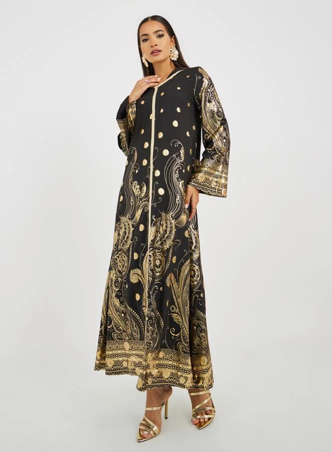 Take Two Take Two Women Black Foil Print Hooded A-Line Maxi Dress