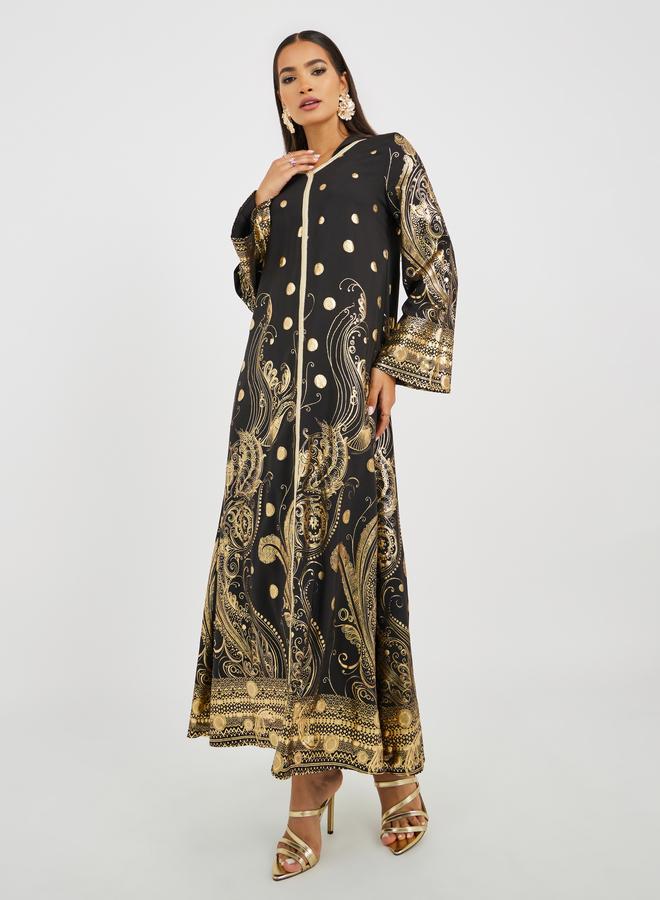 تايك تو فستان ماكسي أسود نسائي بقلنسوة وطبعات فويل - Image 1