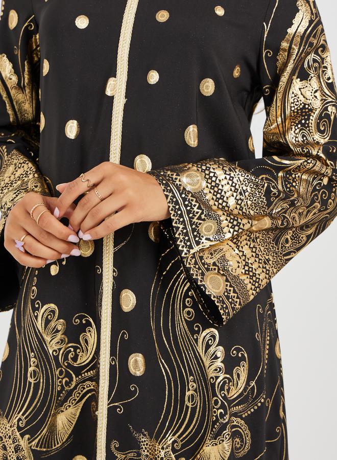 تايك تو فستان ماكسي أسود نسائي بقلنسوة وطبعات فويل - Image 4