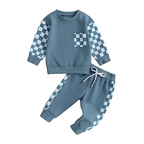 allshope Toddler Baby Boy Fall Outfit Checkerboard Patchwork Long Sleeve Sweatshirts Elastic Waist Pants Cute Newborn Clothes Set (Color Blue, 18-24 Months) - Image 1