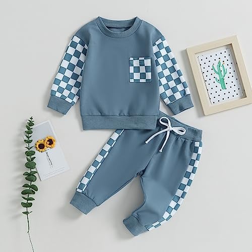 allshope Toddler Baby Boy Fall Outfit Checkerboard Patchwork Long Sleeve Sweatshirts Elastic Waist Pants Cute Newborn Clothes Set (Color Blue, 18-24 Months) - Image 2