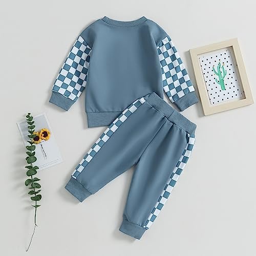 allshope Toddler Baby Boy Fall Outfit Checkerboard Patchwork Long Sleeve Sweatshirts Elastic Waist Pants Cute Newborn Clothes Set (Color Blue, 18-24 Months) - Image 3