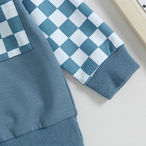 allshope Toddler Baby Boy Fall Outfit Checkerboard Patchwork Long Sleeve Sweatshirts Elastic Waist Pants Cute Newborn Clothes Set (Color Blue, 18-24 Months) - Image 5