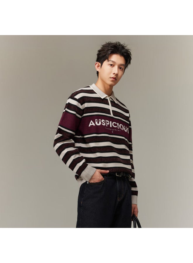 Cabbeen English Embroidered Half-zip College Style Wool Sweater With Contrast Stripe Turn-down Collar  Winter Men's Knitwear