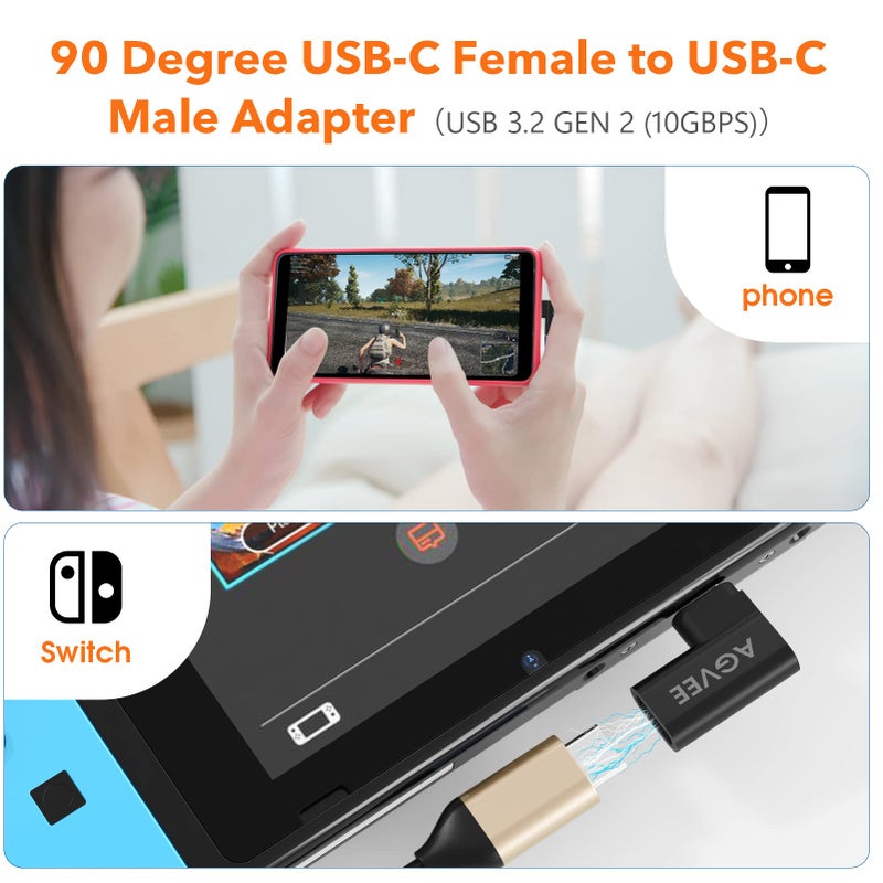 AGVEE 4 Pack Side Angle 90 Degree USB-C Male to USB-C Right Angled Female Adapter (Type-C 3.2 Gen 2) Converter Video Type-C 10G Data Extension Coupler Converter Connector, Black - Image 4