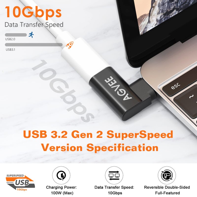 AGVEE 4 Pack Side Angle 90 Degree USB-C Male to USB-C Right Angled Female Adapter (Type-C 3.2 Gen 2) Converter Video Type-C 10G Data Extension Coupler Converter Connector, Black - Image 2