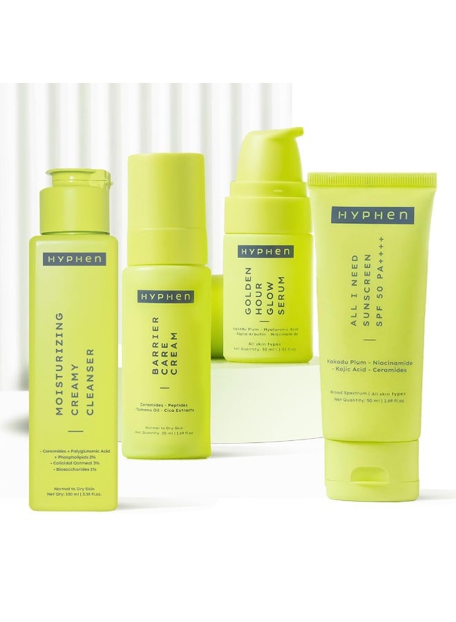 Hyphen CSMS Normal to dry Skin Combo for Women and Men | Hyphen | Hyphen Moisturizing Creamy Cleanser 100ml+ Hyphen Golden Hour Glow Serum 30ml+ Hyphen Barrier Care Cream 50ml – Normal to Dry Skin + Hyphen All I Need Sunscreen SPF 50 PA++++ 50ml  Skincare Routine | Value Pack - Image 1