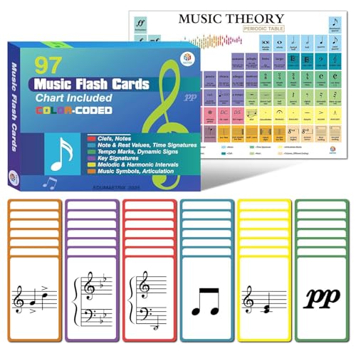 EDUMAETRIX 97 Music Theory Flash Cards with Cheatsheet for Beginners with Study Guide Includes Notes Rhythm Clefs Time Signatures - Image 1