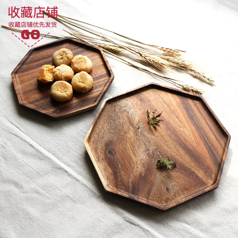 Solid Wood Plate Wooden Tray Household Round Octagon Dinner Plate Fruit Snack Breakfast Plate Acacia Wood Sushi Plate - Image 3