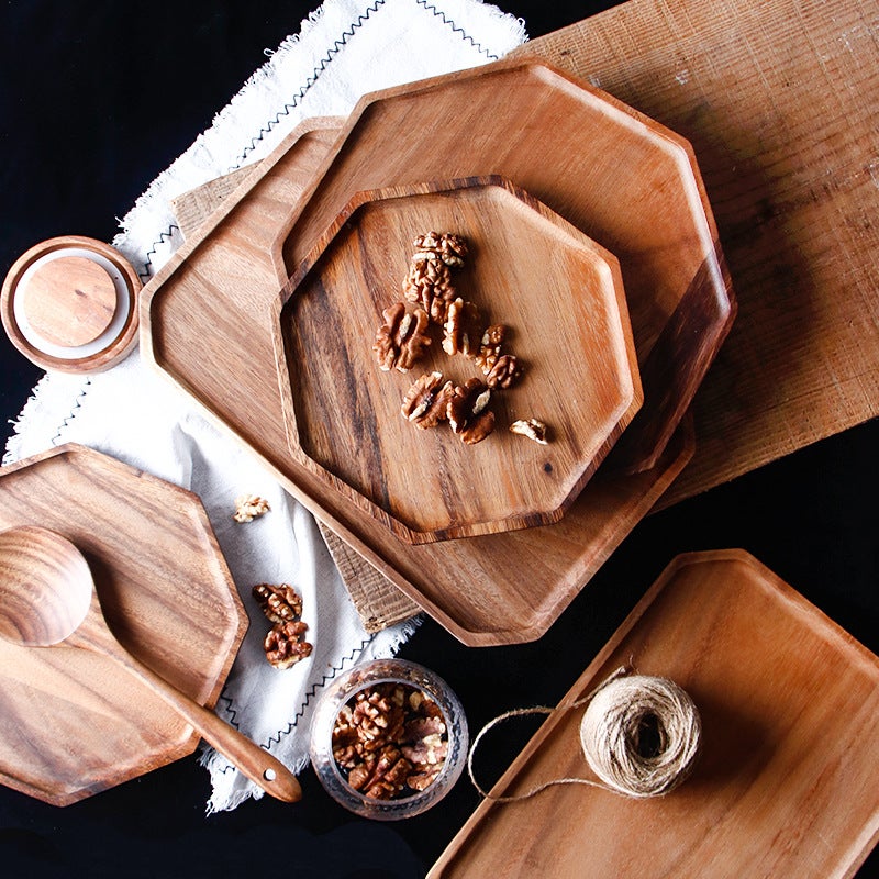 Solid Wood Plate Wooden Tray Household Round Octagon Dinner Plate Fruit Snack Breakfast Plate Acacia Wood Sushi Plate - Image 1