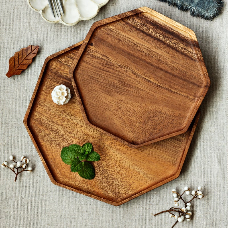 Solid Wood Plate Wooden Tray Household Round Octagon Dinner Plate Fruit Snack Breakfast Plate Acacia Wood Sushi Plate - Image 2