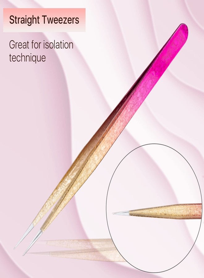 Miuffue Straight Eyelash Extension Tweezers Gold Pink Gradient Ice Crack Precision Lash Extension Isolation Tweezers for Grafting Eyelash extension - Image 2