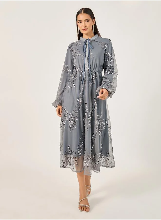 Styli Sequin Embellished Balloon Sleeves A-Line Midi Dress