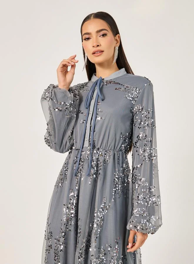 Styli Sequin Tulle Midi Dress