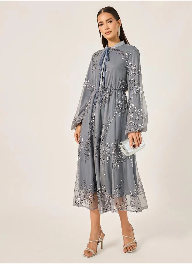 ستايلي Sequin Embellished Balloon Sleeves A-Line Midi Dress