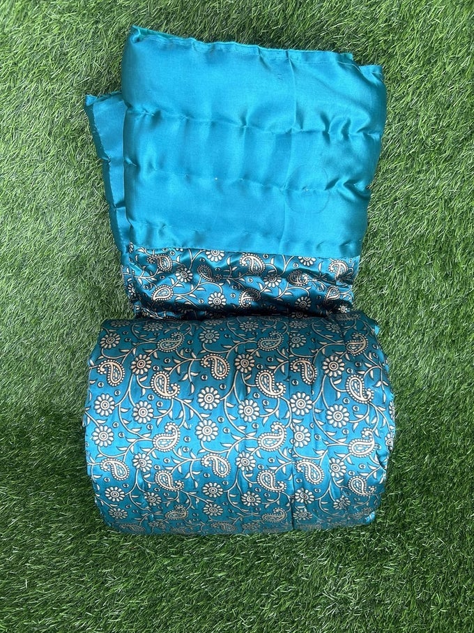 SILK COTTON SOFT JAIPURI RAZAI FOR SINGLE BED TRADITIONAL FLORAL NET GOLD PRINTED ALL SEASONS QUILT AC BLANKET RAJAI COMFORTER 55X85 INCHES GREEN