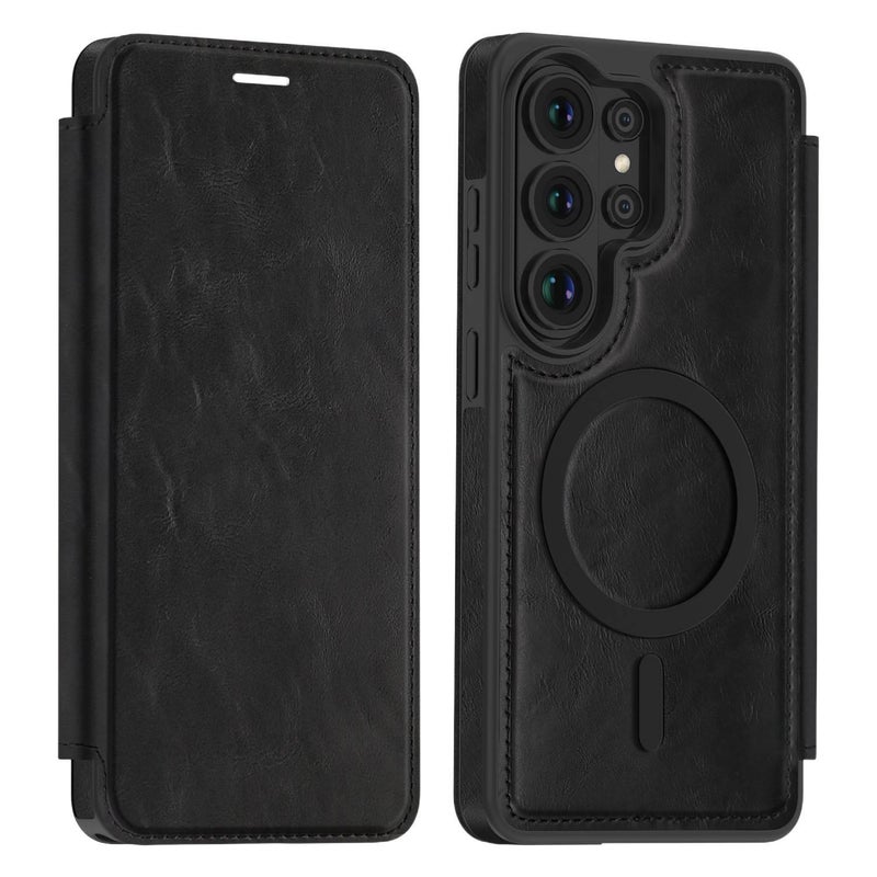 MagSafe Case | Shockproof | Card Holder | Black | Shockproof Cover for Samsung Galaxy S24 Ultra | Leather Texture - Image 1