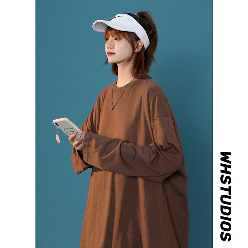 2022 Hong Kong Style Couple Simple Solid Color Loose Long Sleeve T-Shirt Men'S Casual Round Neck Pullover Base Shirt - Image 1