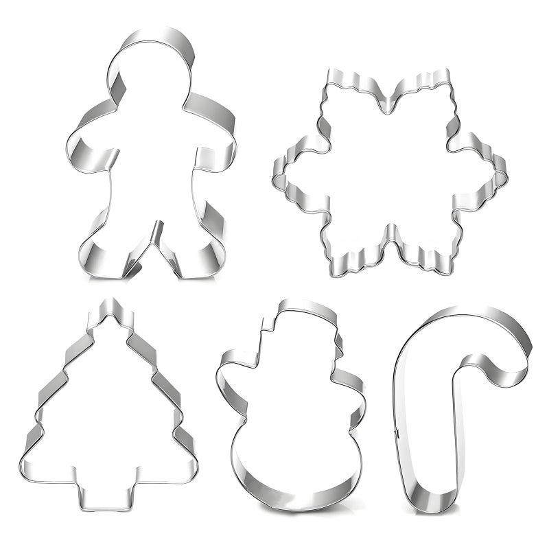Christmas Cookie Cutter Set  5 Piece Holiday Cookies Molds  Snowman Christmas Tree Gingerbread Man Candy Cane Snowflake