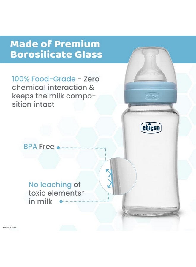Chicco Chicco Well-Being Glass Feeding Bottle for Babies (240ml, Medium Flow) | Premium Borosilicate Glass for High Durability | Elongated Teat for Correct Latch | Comes with Anti-Spill Cap | BPA Free (Blue)  - Image 2