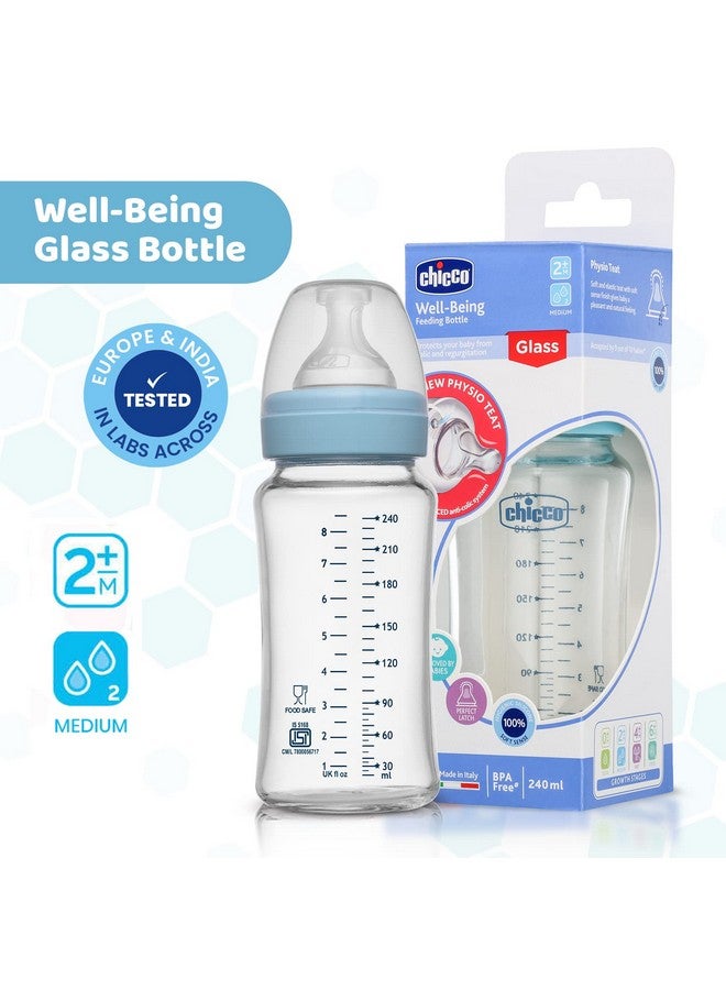 Chicco Chicco Well-Being Glass Feeding Bottle for Babies (240ml, Medium Flow) | Premium Borosilicate Glass for High Durability | Elongated Teat for Correct Latch | Comes with Anti-Spill Cap | BPA Free (Blue)  - Image 1
