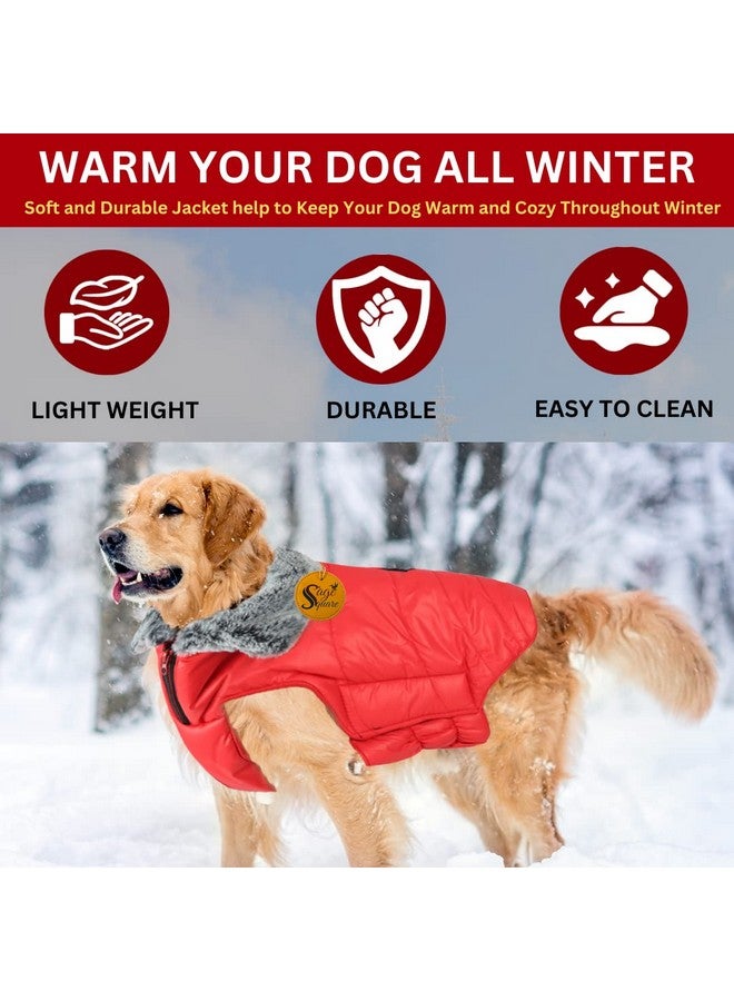 سايج سكوير معطف شتوي للكلاب مع طوق من الفرو خفيف الوزن، مقاوم للرياح والدفء للغاية، سترة للكلاب مقاومة للماء للطقس البارد، سترة صوفية سميكة للطقس البارد (مقاس كبير جدًا - 28 بوصة، أحمر) - Image 5