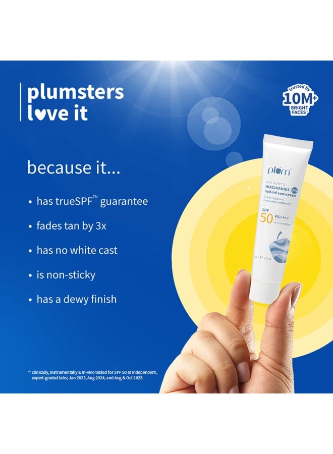 Plum 2% Niacinamide Sunscreen Spf 50 Pa+++ With Rice Water | Uva/ Uvb Protection | Reduces Tan, Brightens Skin | No White Cast, Lightweight, Non-Sticky | Dermatologically Tested | All Skin Types | Women & Men | 100% Vegan | 50 G - Image 1