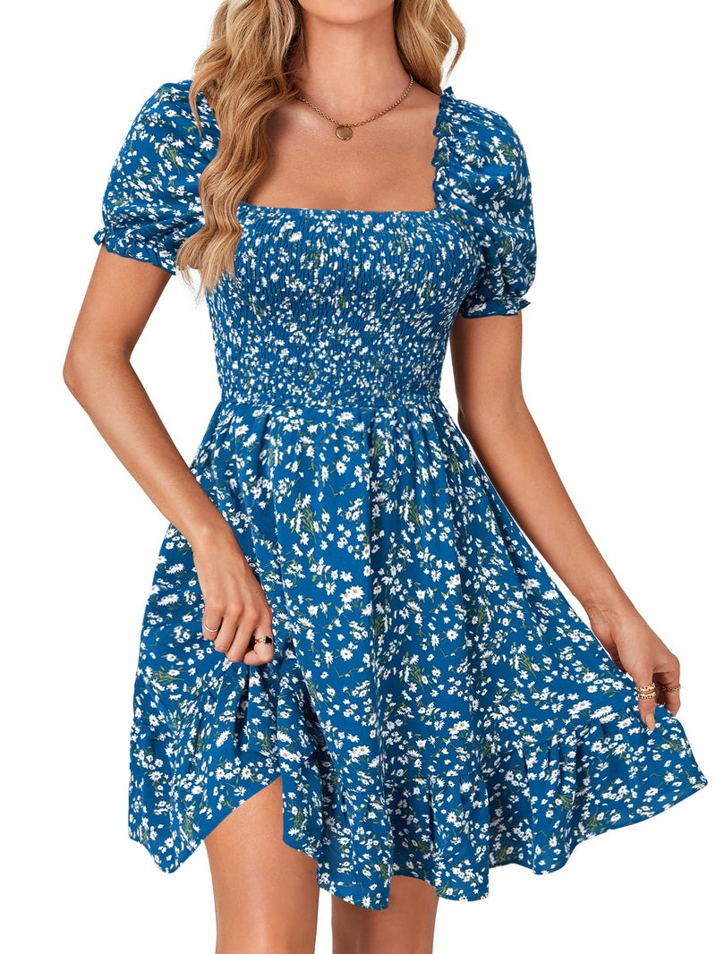 Rooscier Women's Summer Boho Floral Print Square Neck Smocked Ruffle Casual Sundress Mini Dress White Floral X-Small - Image 1