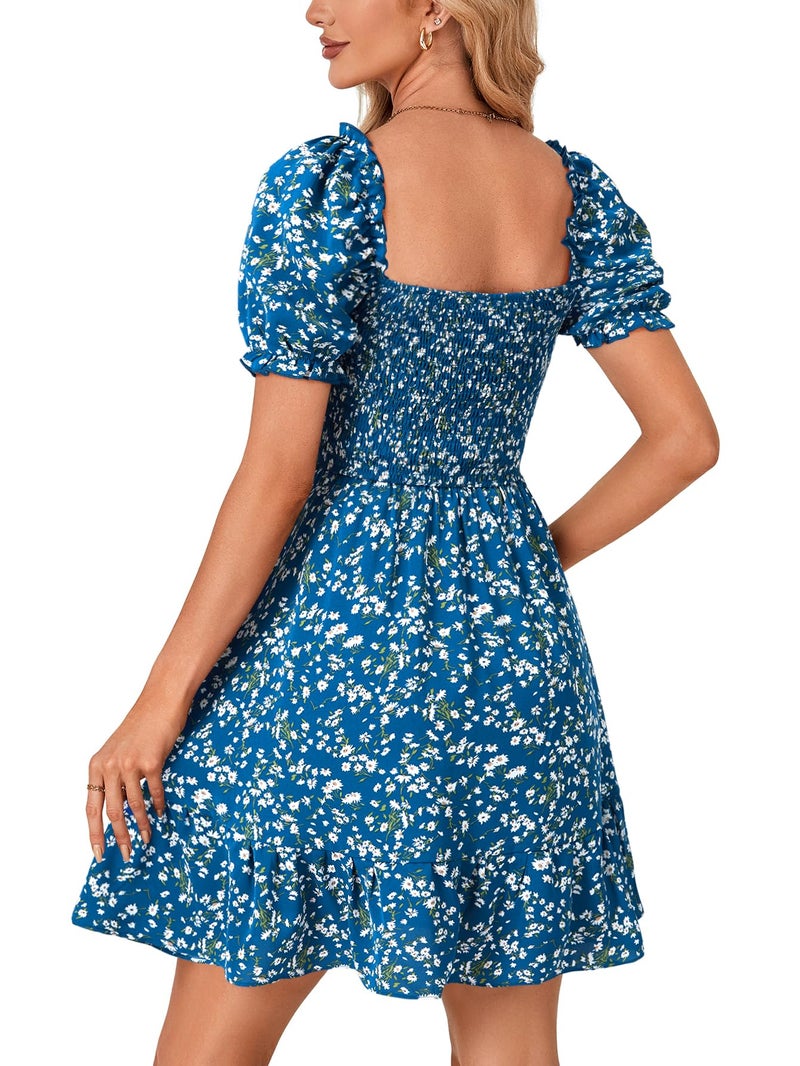 Rooscier Women's Summer Boho Floral Print Square Neck Smocked Ruffle Casual Sundress Mini Dress White Floral X-Small - Image 5