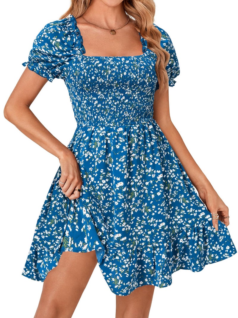 Rooscier Women's Summer Boho Floral Print Square Neck Smocked Ruffle Casual Sundress Mini Dress White Floral X-Small - Image 4