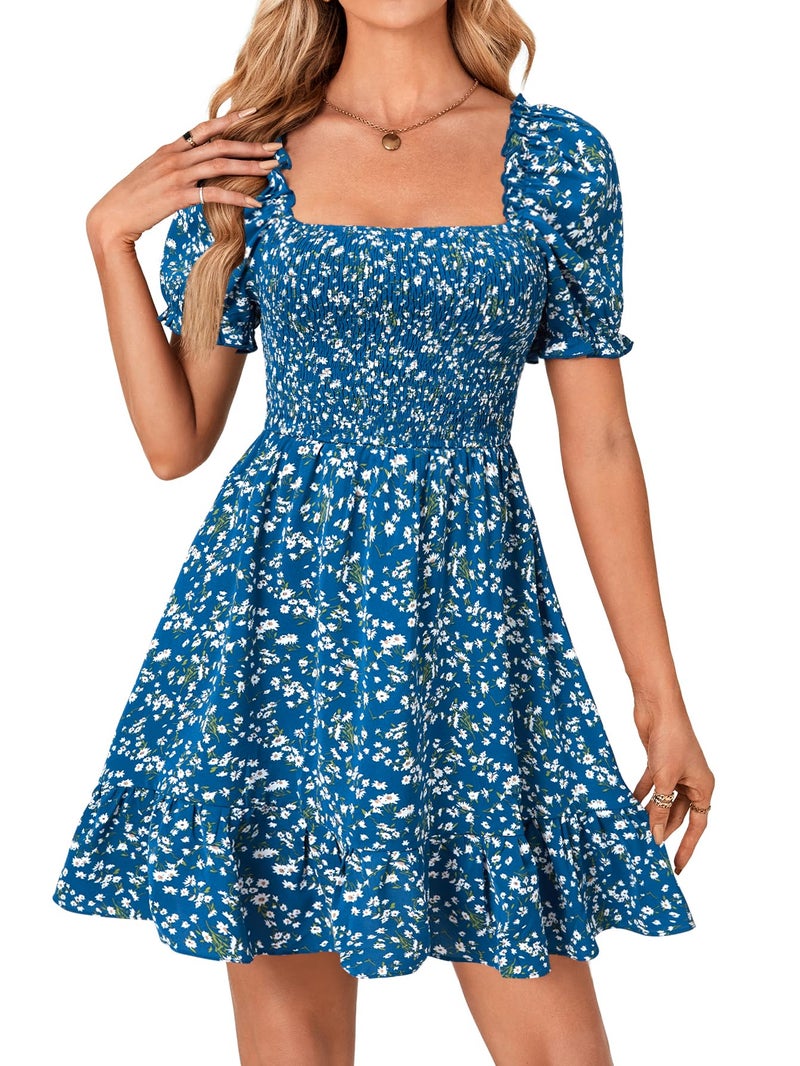 Rooscier Women's Summer Boho Floral Print Square Neck Smocked Ruffle Casual Sundress Mini Dress White Floral X-Small - Image 2