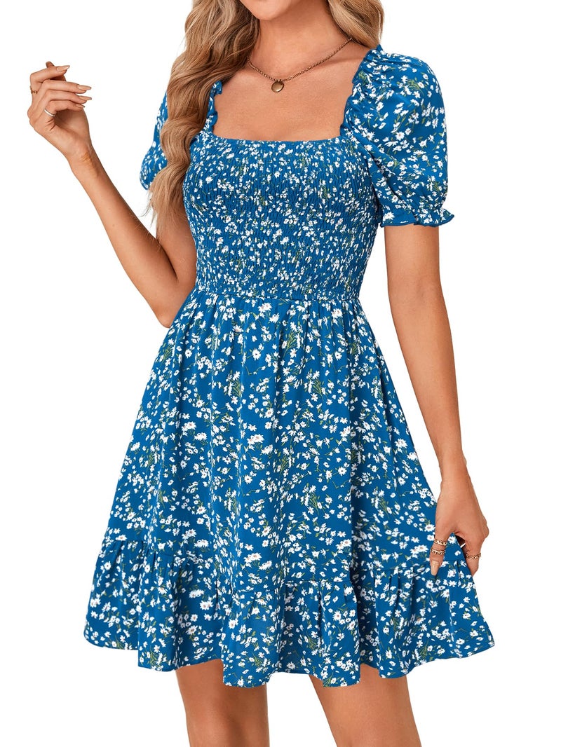 Rooscier Women's Summer Boho Floral Print Square Neck Smocked Ruffle Casual Sundress Mini Dress White Floral X-Small - Image 3