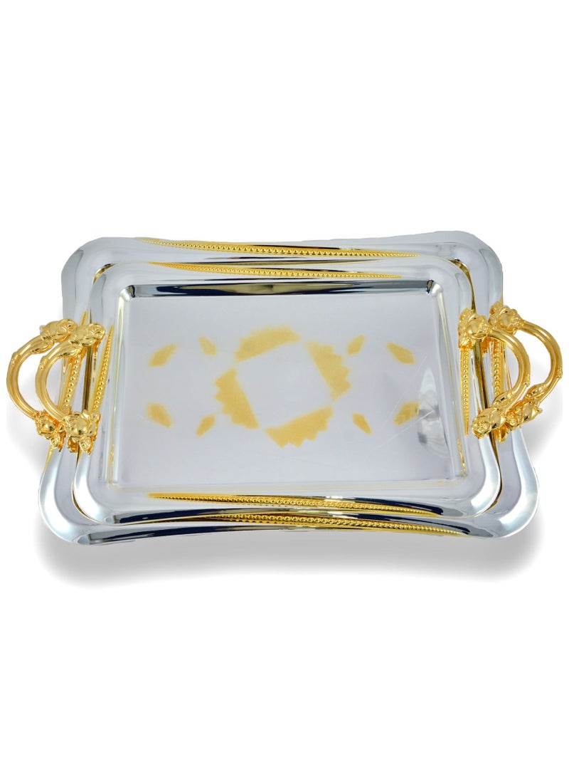 Homemaker 2-Piece Rectangular Luxury Serving Tray, Large 49cm x 35cm & Medium 42cm x 30cm, Steel, Silver & Gold - Image 1
