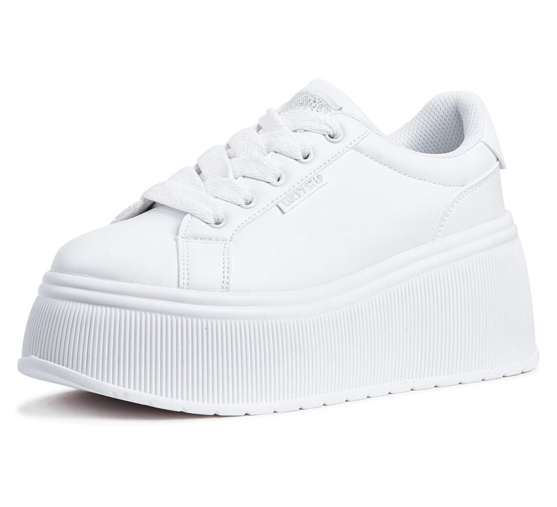 LUCKY STEP Women's Platform Fashion Sneakers Classic Wedge Canvas Casual Low Top Retro Walking Shoes(White,8 B(M) US) - Image 1