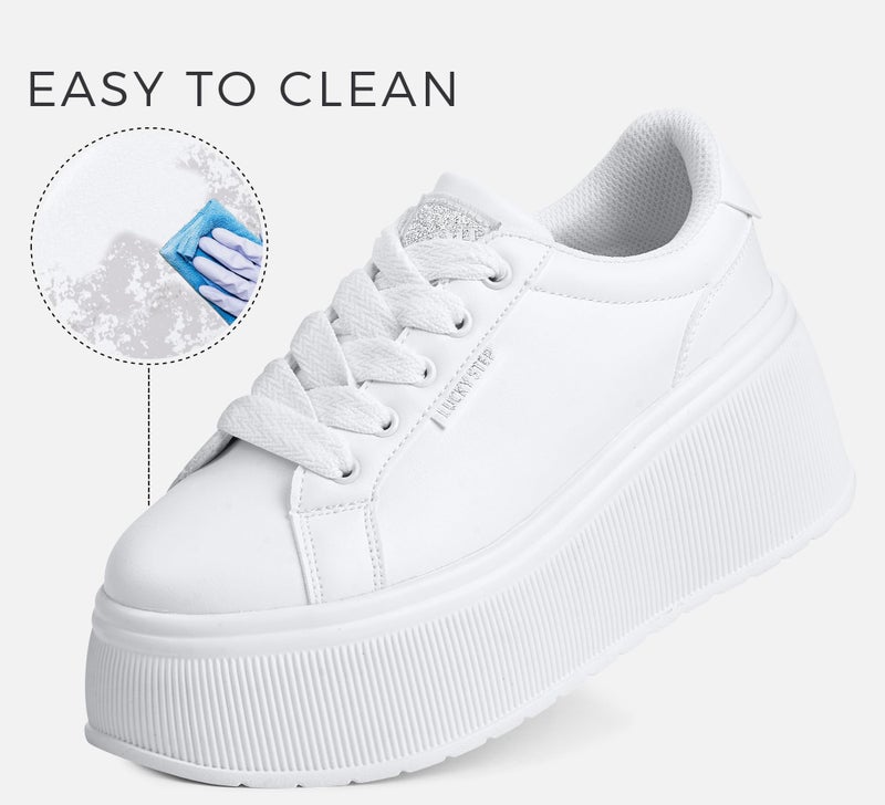 LUCKY STEP Women's Platform Fashion Sneakers Classic Wedge Canvas Casual Low Top Retro Walking Shoes(White,8 B(M) US) - Image 3