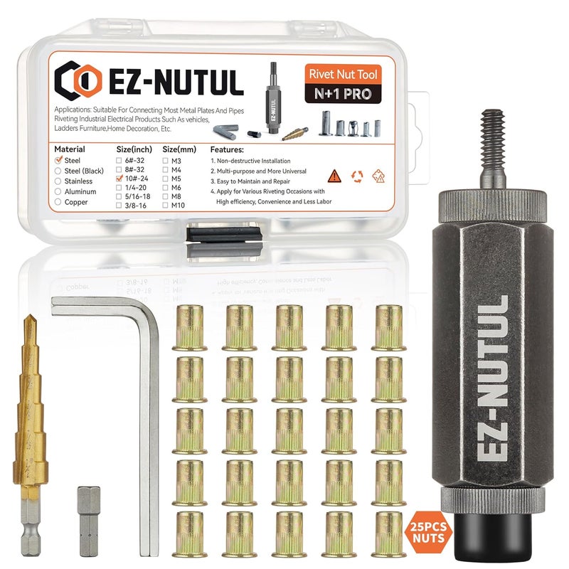 EZ-NUTUL Rivet Nut Installation Tool Set Flat Head Rivnut Threaded Insert Nut Kit SAE & Metric for Metal Heavy Duty Zinc Plated Nutsert (10-24(Rivet Nut Tool-25pcs)) - Image 1