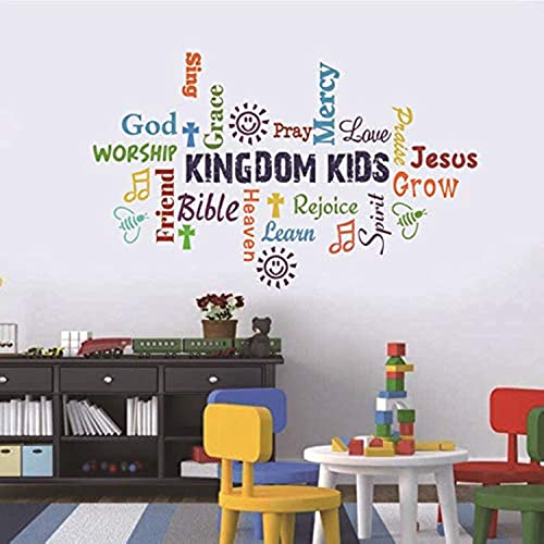 Cozy Decor Vinyl Wall Decal, Kindom Kids Multicolor Sticker, Inspirational Christian Bible Verse Poster for Children Classroom, Church Religious Decoration - Image 1