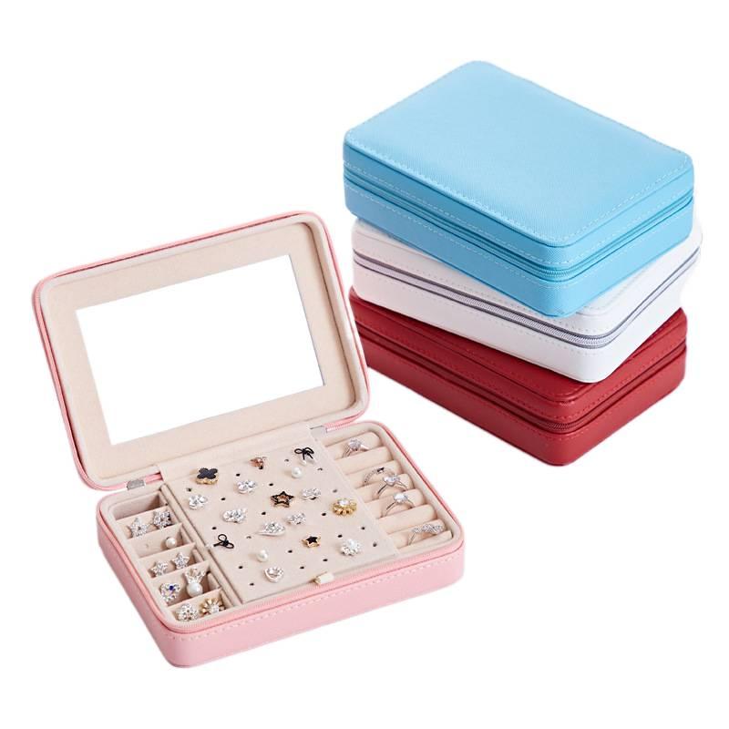 PU Leather Portable Jewelry Box Leather Organizer 3 Layer Lockable With Mirror Rings Earrings and Necklaces Organizer 17 x 12 x 5 cm Blue - Image 4