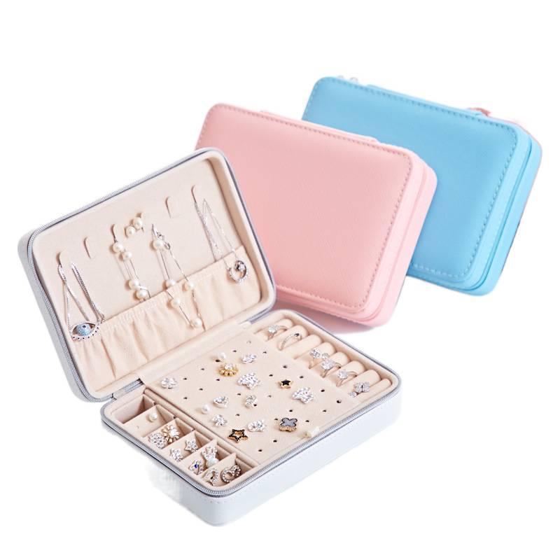 PU Leather Portable Jewelry Box Leather Organizer 3 Layer Lockable With Mirror Rings Earrings and Necklaces Organizer 17 x 12 x 5 cm Blue - Image 3